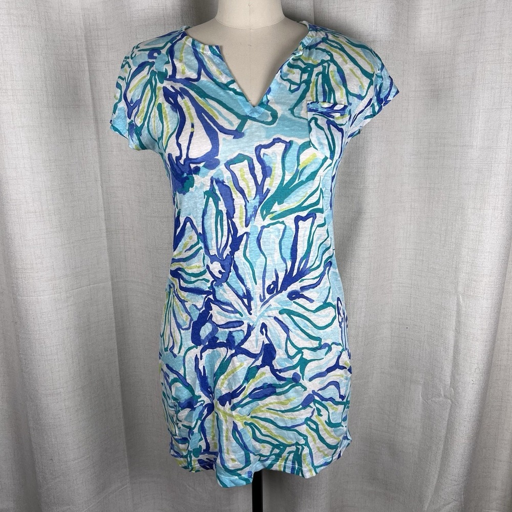 Lilly Pulitzer Duval Mini‎ Dress 100% Linen Short Sleeve Tropical Blue XXS 2XS